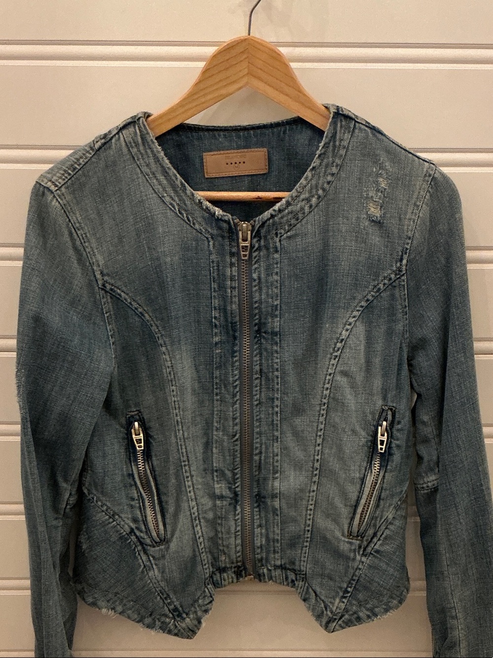 Blank NYC Light Blue Distressed Denim Zip Jacket
